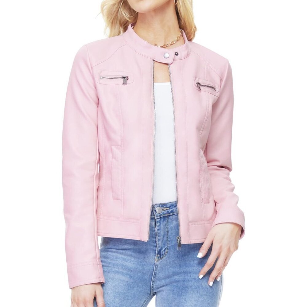 Women's Pink Motorcycle Faux PU Moto Biker Outwear Coat Zip Leather Jackets